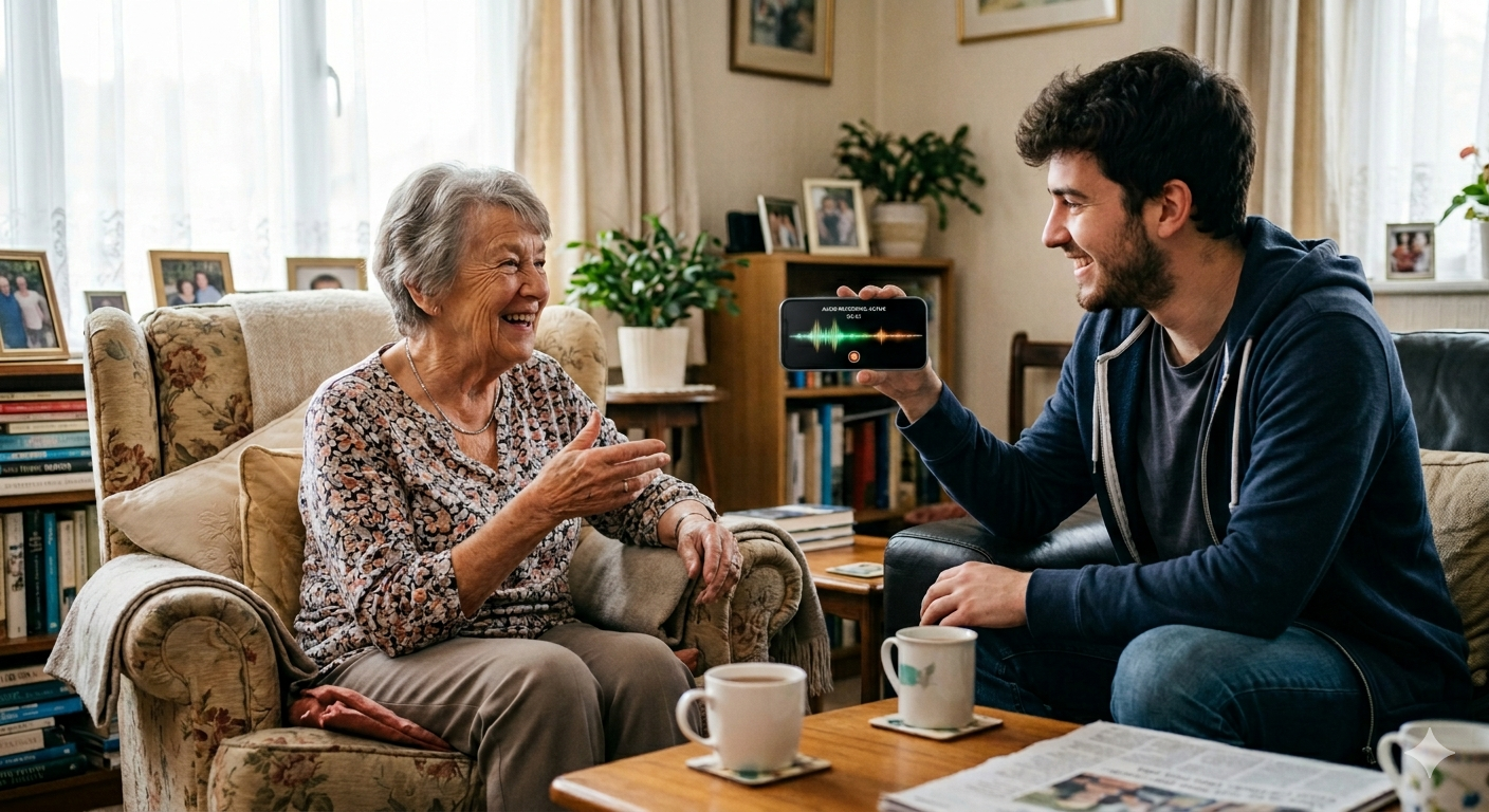 A grandson recording his grandmother's story on his phone